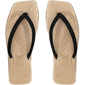 OYOANGLE Women's Straw Flip Flops Beach Vacation Square Open Toe Flat Thong Sandals