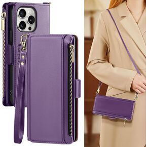 Antsturdy Compatible with iPhone 15 Pro Wallet Case,【RFID Blocking】 PU Leather Phone Case Women Men with Card Holder Flip Folio Cover Wrist Strap Zipper Credit Card Slots for Apple 15 Pro,Wine Red