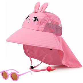 Kids Sun Hat with Neck Flap Girl Swim Pool Hat Child Summer Beach Hat with UV Protection Ponytail Sunglasses UPF Age 3-8