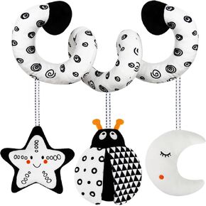 TSYAN Car Seat Toys for Babies 0-6 Months, Hanging Rattle Toys for Crib Mobile, Baby Spiral Hanging Stroller Black and White High Contrast Baby Toys for Newborn 0 3 6 9 12 Months Baby Boys Girls-BEE