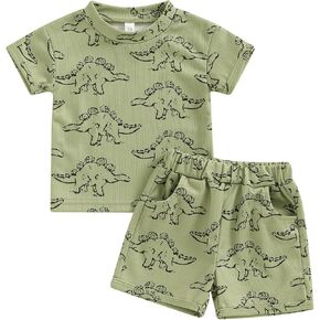 Toddler Boy Summer Clothes Short Sleeve Dinosaur T Shirt Cartoon Shorts Baby Outfits Clothing Set (Dinosaur T Shirt Army Green, 12-18 Months)