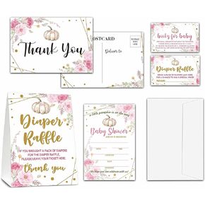 Fall Thanksgiving Baby Shower Invitation Set - Boho Floral Baby Shower Decorations - Little Pumpkin 1 Diaper Raffle Sign & 25 Diaper Raffle Tickets, 25 Book Request Cards, 25 Thank You Postcards, 25 Fill in Invites with Envelopes (02)