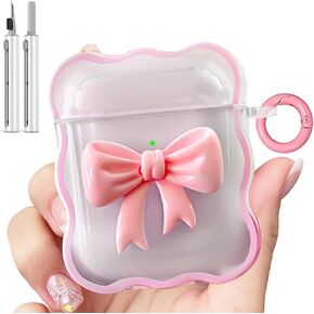 Airpods Case, Airpods 2nd Generation Case with Cute 3D Colour Bow Design, Airpods Case 1st Generation Soft Clear TPU Cover with Cute Keychain and Cleaning Pen Kit for Woman - Pink