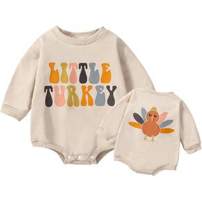 Eadrioss Unisex Baby Thanksgiving Outfit Boy Girl Thanksgiving Romper Sweatshirt Onesie (Khaki -Little turkey, 12-18 Months)
