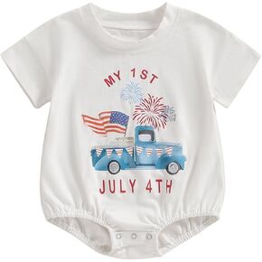 Newborn Baby Boy Girl My 1st 4th Of July Outfit Short Sleeve American Flag Car Firework Print Bubble Romper