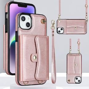 for iPhone 15 Case 6.1 Inch, Crossbody Purse Wristlet Shoulder Strap Trendy Protective Cover for iPhone 15 (Rose Gold)