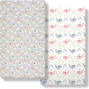 Super Soft Stretch Knit Crib Sheet Fitted Sheet Organic crib sheets 2 Piece Fits Standard Toddler Bed Mattresses Boys Girls Unisex Microfiber 52" x 28" Rainbow Whale and Elephant