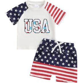 FIOMVA Toddler Baby Boy 4th of July Outfit Embroidery Short Sleeve Shirt+ American Flag Shorts Pant Set Memorial Day Clothes