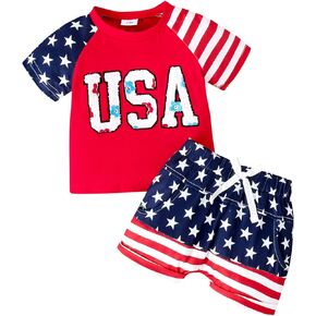 Toddler Summer Outfit 4th of July Starry Short Sleeve Shirt Shorts with Pockets 2Pcs Sets Neutral Clothes