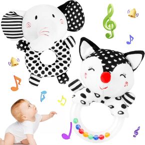 Baby Rattles 0-6 Months: Soft Rattles for Babies 0-6 Months Newborn Sensory Toys, High Contrast Black and White Baby Toys 0-3 Months Plush Rattle Toy, Teether Chew Toy Plush Stuffed Animal Shower Gift