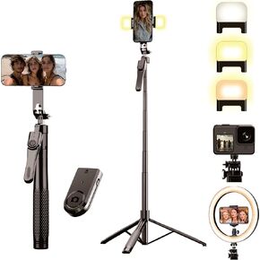 Selfie Tripod with Light, 80" Overhead Phone Mount with Light Heavy Duty Camera Tripod for iPhone Selfie Stick Tripod Stand with Remote, 360° Rotating Travel Phone Tripod Stand for iPhone Cell Phone in Kuwait