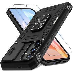 DEERLAMN Case for Samsung Galaxy S25 Ultra with Slide Camera Cover+Screen Protector (1 Pack), Rotated Ring Kickstand Military Grade Shockproof Protective Cover-Black