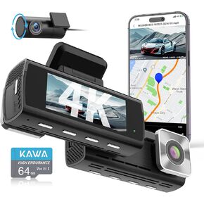 KAWA 4K Dash Cam Front and Rear, True Color Night Vision, Free 64GB Card, 2160P+1080P WiFi Dash Camera for Cars, GPS Dual Dashcam, 3.16" IPS Screen, Night Vision, 24H Park Mode