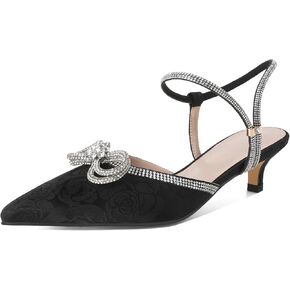 Eldof Women's Rhinestone Bow Heels Sparkly Ankle Strap Closed Pointed Toe Kitten Low Heel Pumps 1.5 Inches