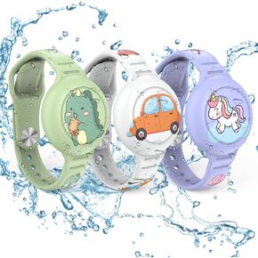 3 Pack Waterproof AirTag Bracelet for Kids,Cute Cartoon Airtag Bracelet for Kids, Waterproof Silicone Hidden AirTag Tracker Cases Wristband Purple+Green+Grey