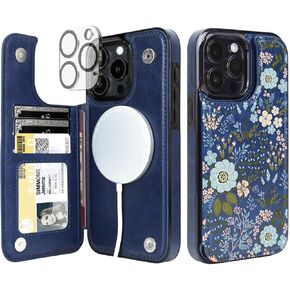 uCOLOR for iPhone 15 Pro 6.1" Wallet Case Magsafe with Card Holder Slot【Compatible with MagSafe】 Folio Flip PU Leather Double Magnetic RFID Design with Camera Lens Protector (Beige Leopard)