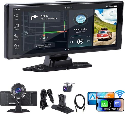 شاشة Carplay للسيارة مع كاميرا احتياطية، وكاميرا داش 4K/1080P للسيارات الأمامية والخلفية، زاوية واسعة 10.26 بوصة 170 درجة صوت سيارة Apple CarPlay مزدوج مع مستشعر G، رؤية ليلية، وصلة مرآة، بطاقة واي فاي 64 جيجابايت in Kuwait