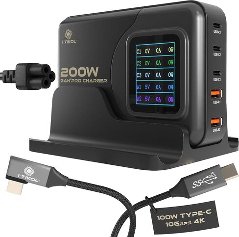 200W USB C Charger - LCD Display USB C Block - 5-Port GaN Charger 3 USB-C 2 USB-A Powered USB Hub Charging Station for Multiple Devices for MacBook iPad iPhone Laptop in Saudi Arabia