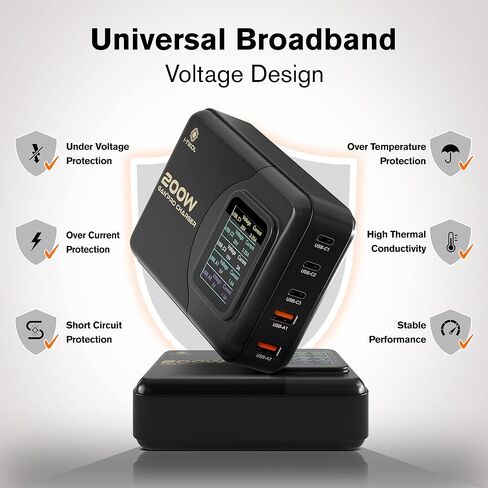 200W USB C Charger - LCD Display USB C Block - 5-Port GaN Charger 3 USB-C 2 USB-A Powered USB Hub Charging Station for Multiple Devices for MacBook iPad iPhone Laptop in Saudi Arabia