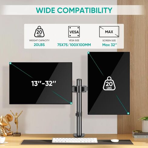 حامل شاشة مزدوج من TICONN للمكتب، حامل مكتبي من الفولاذ عالي التحمل، ذراع قابل للتعديل بالكامل لشاشتي كمبيوتر حتى 32 بوصة، بحد أقصى 20 رطل لكل ذراع للمكتب والمنزل in Kuwait