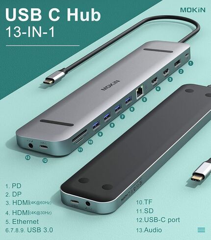 محطة إرساء USB C، محول USB C 13 في 1 متعدد المنافذ USB C Dongle مع 4K Dual HDMI+DP Display+Ethernet+4 USB،+SD/TF+USB C PD+منفذ بيانات + صوت/ميكروفون لجهاز Dell XPS 13 /15/سيرفس برو 7 جو in Kuwait