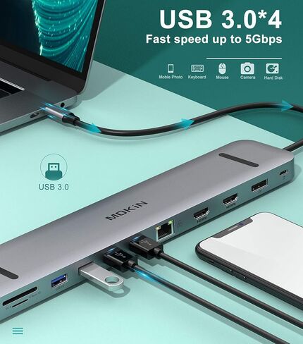 محطة إرساء USB C، محول USB C 13 في 1 متعدد المنافذ USB C Dongle مع 4K Dual HDMI+DP Display+Ethernet+4 USB،+SD/TF+USB C PD+منفذ بيانات + صوت/ميكروفون لجهاز Dell XPS 13 /15/سيرفس برو 7 جو in Kuwait