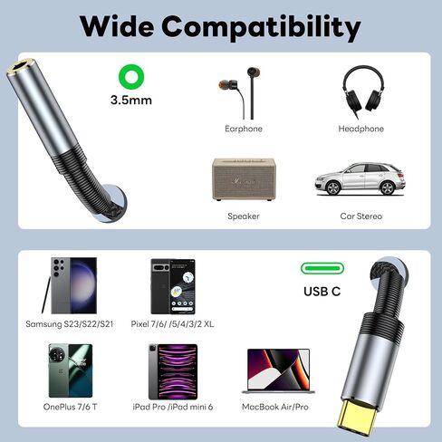محول صوت USB C إلى 3.5 مم، (عبوة من قطعتين) كابل USB C إلى Aux Audio Dongle، متوافق مع Samsung Galaxy S23 S23+ S23 Ultra، S22 S21 S20 Plus/Ultra، iPad Pro، MacBook، Pixel (أسود) in Saudi Arabia