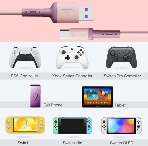 2 حزمة كابل شحن USB C متوافق مع وحدة تحكم PS5، سلك USB C بديل للشحن السريع سلك شاحن USB من النوع C متوافق مع Xbox Series X/Xbox Series S/لجهاز PS5-6.6ft (وردي) in Kuwait