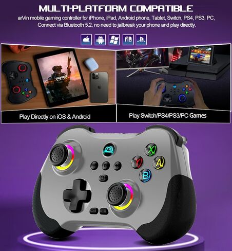 arVin Wireless Gamepad Controller for iPhone/iPad/Android/Tablet/Switch/PS4/PC with Hall Effect Sensing Joystick/RGB Light/Turbo/Back Key/6-Axis Gyro/Vibration/Play Xbox Cloud Gaming/Remote Play/CODM in Saudi Arabia