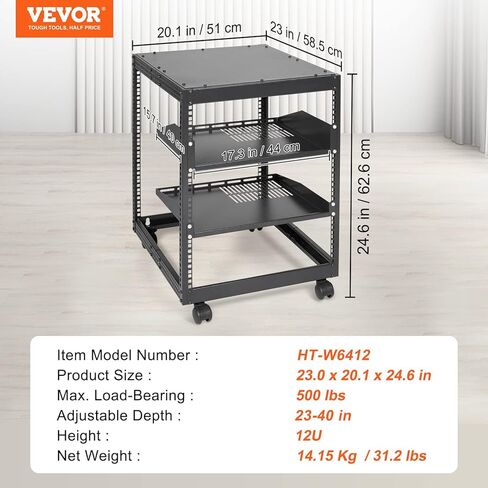 VEVOR 12U Server Rack,Open Frame Network Rack, Wall Mount Design with 2 Vented Rack Shelf & 4 Casters, 23''-40'' Adjustable Depth for Networking AV Gear & Mounting Hardware Audio in Saudi Arabia