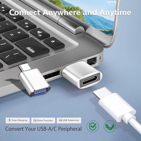 محول USB إلى USB C OTG، 2 * محول شاحن أنثى إلى ذكر من النوع C و2 * محول USB C ذكر إلى USB أنثى OTG، لأجهزة Apple وAirPods وiPad وMacBook وSamsung Galaxy S23 وS22 وMacBookPro (فضي) in Kuwait
