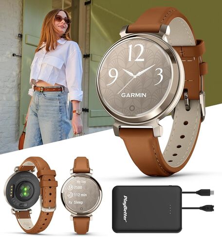 حزمة ساعة اللياقة البدنية النسائية PlayBetter Garmin Lily 2 Classic (ذهبي كريمي/جلد أسمر ضارب للصفرة) - ساعة للسيدات مع شاشة مخفية، بطارية تدوم 5 أيام ودفع Garmin - تتضمن شاحن محمول in Kuwait
