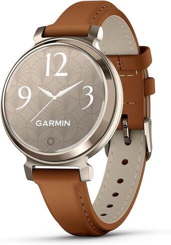 حزمة ساعة اللياقة البدنية النسائية PlayBetter Garmin Lily 2 Classic (ذهبي كريمي/جلد أسمر ضارب للصفرة) - ساعة للسيدات مع شاشة مخفية، بطارية تدوم 5 أيام ودفع Garmin - تتضمن شاحن محمول in Kuwait