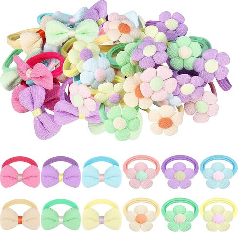 48Pcs Toddle Hair Ties for Girls Baby hair tie Flower and Bows Hair Ties for Little Girls Candy Bow Seamless Ponytail Holders for Toddler Infant Thick Thin Hair Hair Accessories in Saudi Arabia