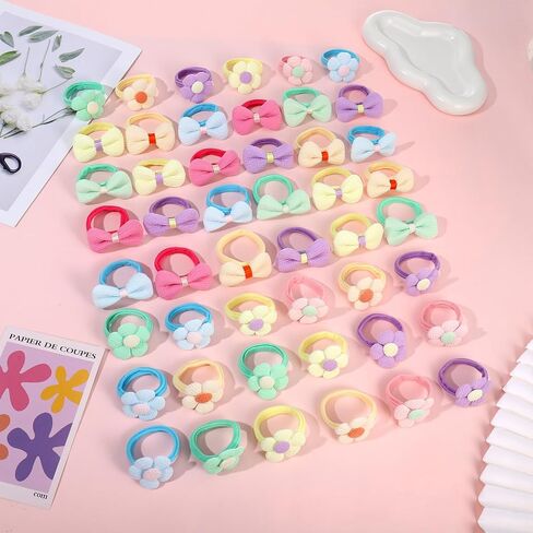 48Pcs Toddle Hair Ties for Girls Baby hair tie Flower and Bows Hair Ties for Little Girls Candy Bow Seamless Ponytail Holders for Toddler Infant Thick Thin Hair Hair Accessories in Saudi Arabia