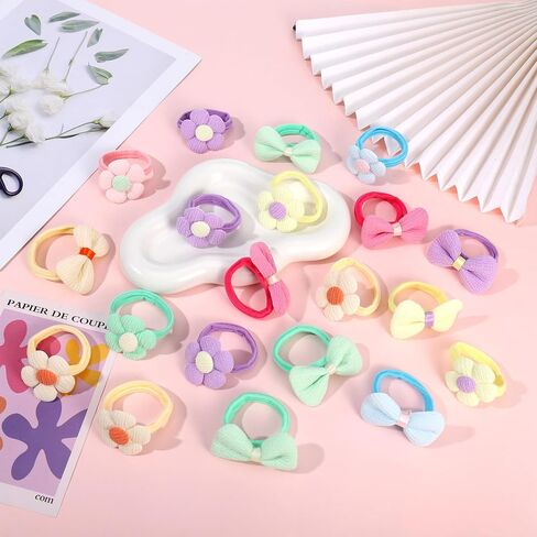 48Pcs Toddle Hair Ties for Girls Baby hair tie Flower and Bows Hair Ties for Little Girls Candy Bow Seamless Ponytail Holders for Toddler Infant Thick Thin Hair Hair Accessories in Saudi Arabia