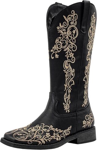 SheSole Women's Square Toe Cowboy Boots Floral Embroidered Cowgirl Western Boots Wide Calf in Saudi Arabia