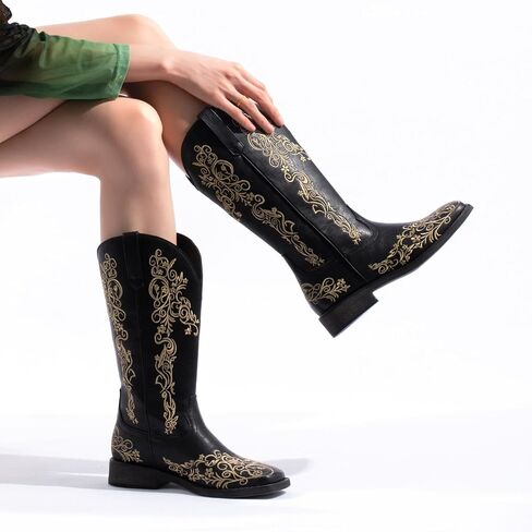 SheSole Women's Square Toe Cowboy Boots Floral Embroidered Cowgirl Western Boots Wide Calf in Saudi Arabia
