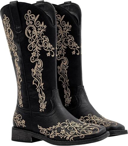 SheSole Women's Square Toe Cowboy Boots Floral Embroidered Cowgirl Western Boots Wide Calf in Saudi Arabia