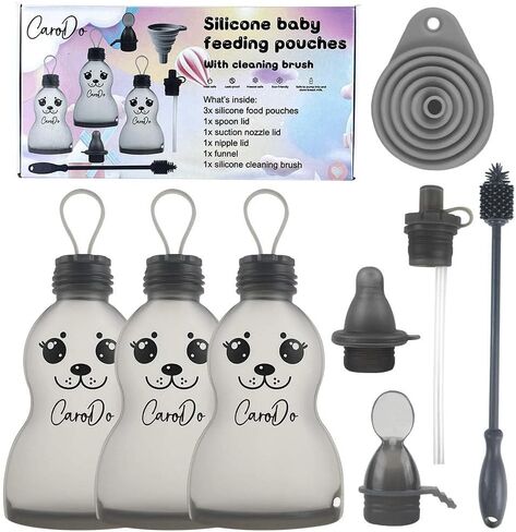 CaroDo Reusable Breast Milk Storage Bags with Cleaning Brush & Funnel - 250 ml 3 Pcs Silicone Breastmilk Storage Bag - Leak-Proof, BPA Free Self-Standing Milk Bags for breastmilk, Baby Food Pouches in Saudi Arabia