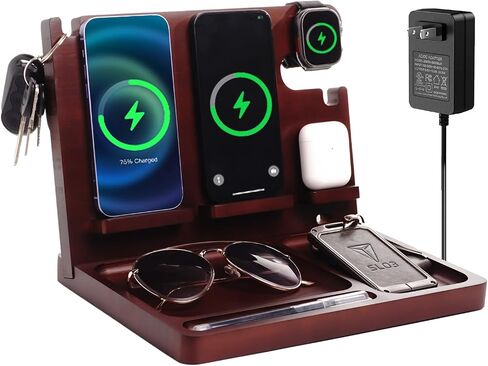 Wood Phone Docking Station Nightstand Organizer for Men 27W 2 Phone Wireless Charging Station with 4 Wireless Charger Stand for iPhone Apple Watch AirPod Mens Birthday Gift Ideas Key Holder in Kuwait