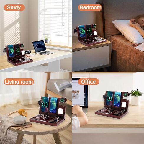 Wood Phone Docking Station Nightstand Organizer for Men 27W 2 Phone Wireless Charging Station with 4 Wireless Charger Stand for iPhone Apple Watch AirPod Mens Birthday Gift Ideas Key Holder in Kuwait