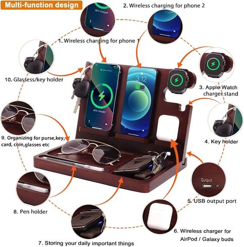 Wood Phone Docking Station Nightstand Organizer for Men 27W 2 Phone Wireless Charging Station with 4 Wireless Charger Stand for iPhone Apple Watch AirPod Mens Birthday Gift Ideas Key Holder in Kuwait