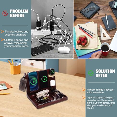 Wood Phone Docking Station Nightstand Organizer for Men 27W 2 Phone Wireless Charging Station with 4 Wireless Charger Stand for iPhone Apple Watch AirPod Mens Birthday Gift Ideas Key Holder in Kuwait