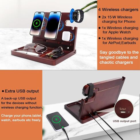 Wood Phone Docking Station Nightstand Organizer for Men 27W 2 Phone Wireless Charging Station with 4 Wireless Charger Stand for iPhone Apple Watch AirPod Mens Birthday Gift Ideas Key Holder in Kuwait