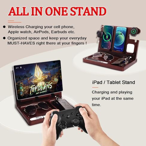 Wood Phone Docking Station Nightstand Organizer for Men 27W 2 Phone Wireless Charging Station with 4 Wireless Charger Stand for iPhone Apple Watch AirPod Mens Birthday Gift Ideas Key Holder in Kuwait