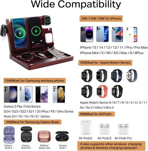Wood Phone Docking Station Nightstand Organizer for Men 27W 2 Phone Wireless Charging Station with 4 Wireless Charger Stand for iPhone Apple Watch AirPod Mens Birthday Gift Ideas Key Holder in Kuwait
