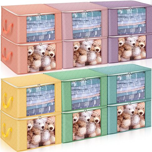 12 حزمة 60 لتر ملونة قابلة للطي حقيبة تخزين الملابس بطانية صناديق تخزين خزانة منظم 3 طبقات من حاويات التخزين غير المنسوجة مع مقبض نافذة واضحة غطاء سحاب للفراش المنزل in Kuwait