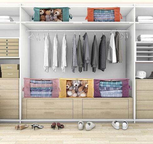 12 حزمة 60 لتر ملونة قابلة للطي حقيبة تخزين الملابس بطانية صناديق تخزين خزانة منظم 3 طبقات من حاويات التخزين غير المنسوجة مع مقبض نافذة واضحة غطاء سحاب للفراش المنزل in Kuwait