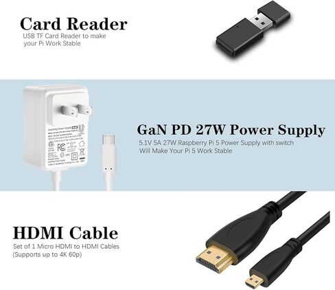 [ذاكرة الوصول العشوائي 8 جيجابايت - بطاقة 64 جيجابايت] مجموعة المبتدئين لـ Raspberry Pi 5، تتضمن لوحة ذاكرة الوصول العشوائي Pi 5 8 جيجابايت، وبطاقة SD وقارئ بطاقات محملة مسبقًا بسعة 64 جيجابايت، ومصدر طاقة 27 وات، وحقيبة معدنية مع دعم مبرد NVME M.2 HAT، و in Kuwait